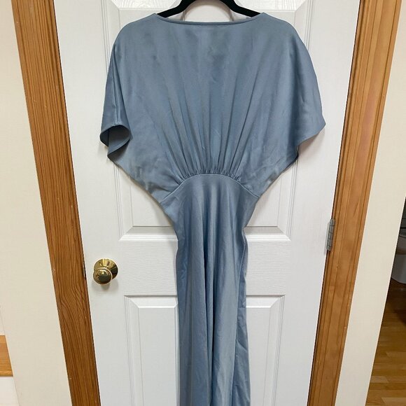 Anthropologie BHLDN Leila Deep-V Flutter-Sleeve Satin A-Line Gown in Dusty Blue - Picture 4 of 4